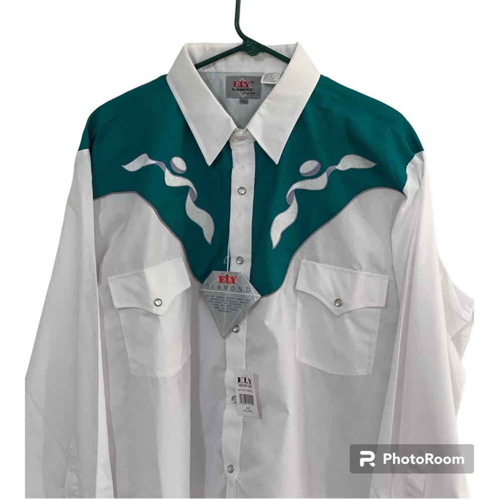 Vintage Ely Diamond Shirt Men’s XXL Southwestern Design Cowboy Rodeo White Green